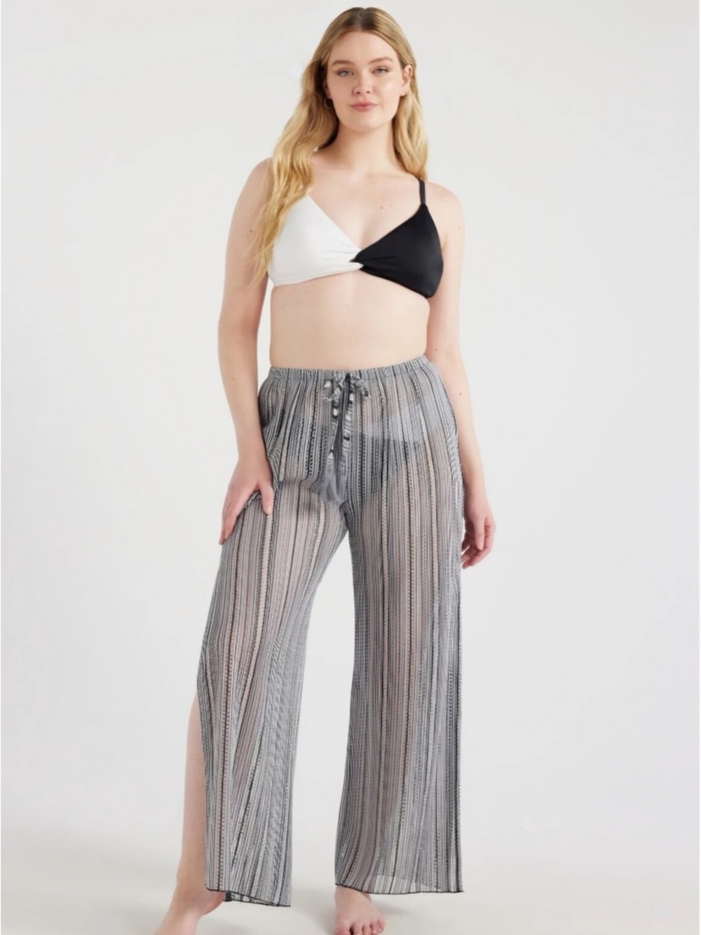 Time & Tru Gray Black White Stripe Crochet Swimsuit Beach Coverup Pants Small